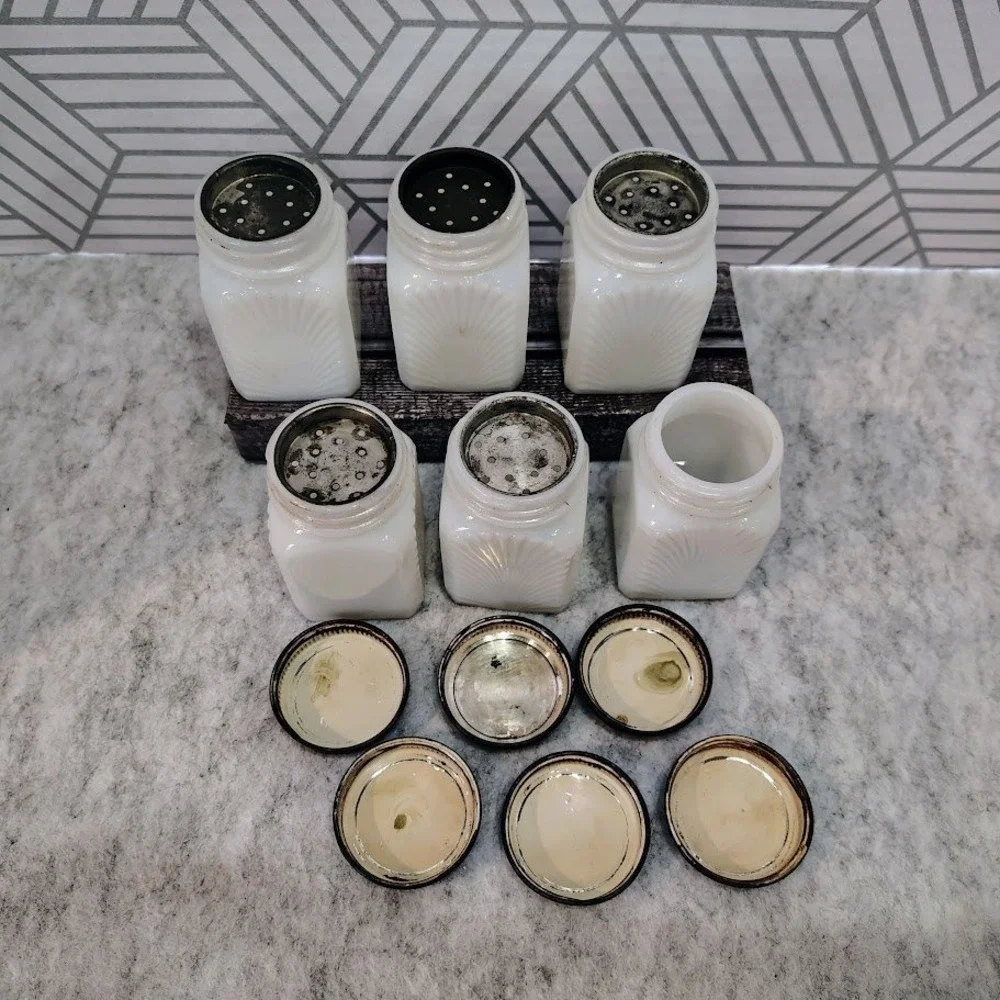 Vintage Art Deco Milk Glass Spice Jar Set 6pc Sunburst White Dark Green Lids